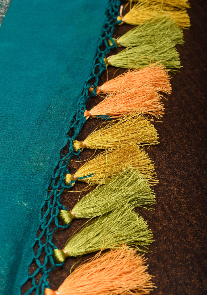Hand Brush Dye Banarasi Georgette Saree in Teal with Floral Jaal and Zari Border | SILK MARK CERTIFIED