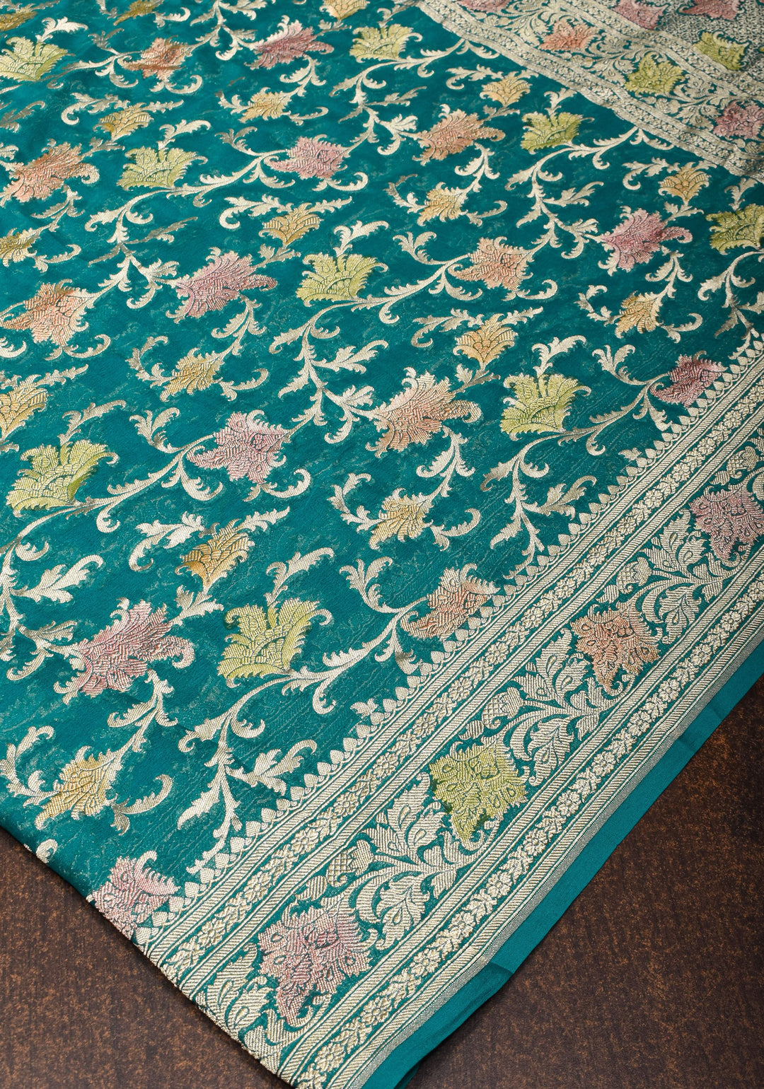 Hand Brush Dye Banarasi Georgette Saree in Teal with Floral Jaal and Zari Border | SILK MARK CERTIFIED