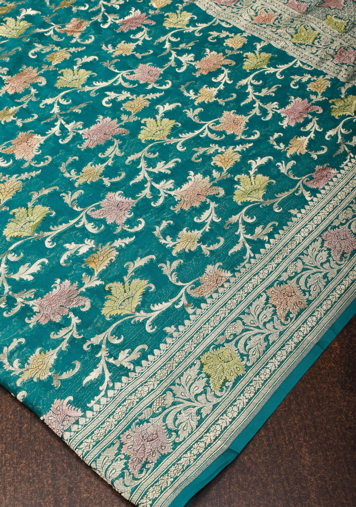 Hand Brush Dye Banarasi Georgette Saree in Teal with Floral Jaal and Zari Border | SILK MARK CERTIFIED