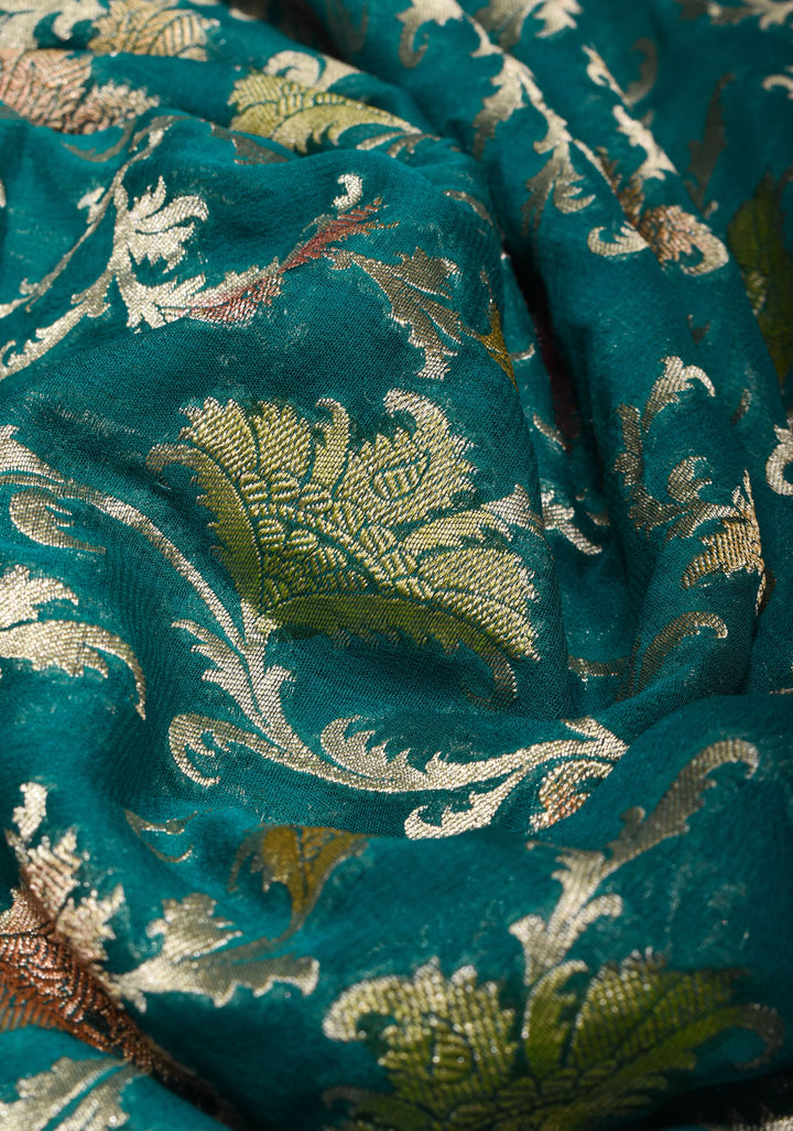Hand Brush Dye Banarasi Georgette Saree in Teal with Floral Jaal and Zari Border | SILK MARK CERTIFIED