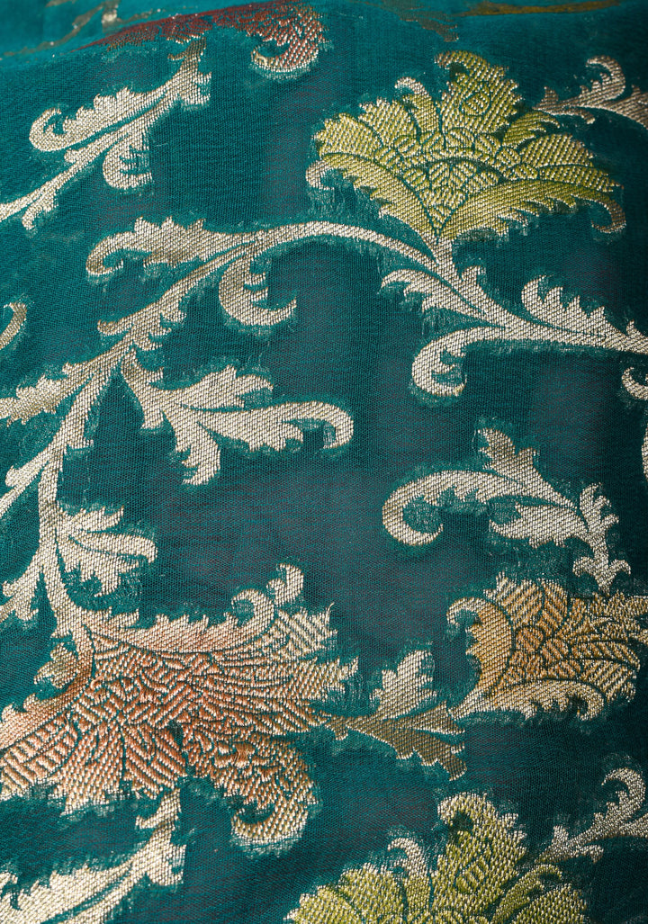 Hand Brush Dye Banarasi Georgette Saree in Teal with Floral Jaal and Zari Border | SILK MARK CERTIFIED