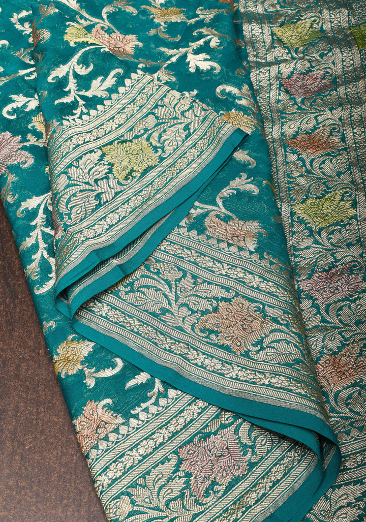Hand Brush Dye Banarasi Georgette Saree in Teal with Floral Jaal and Zari Border | SILK MARK CERTIFIED