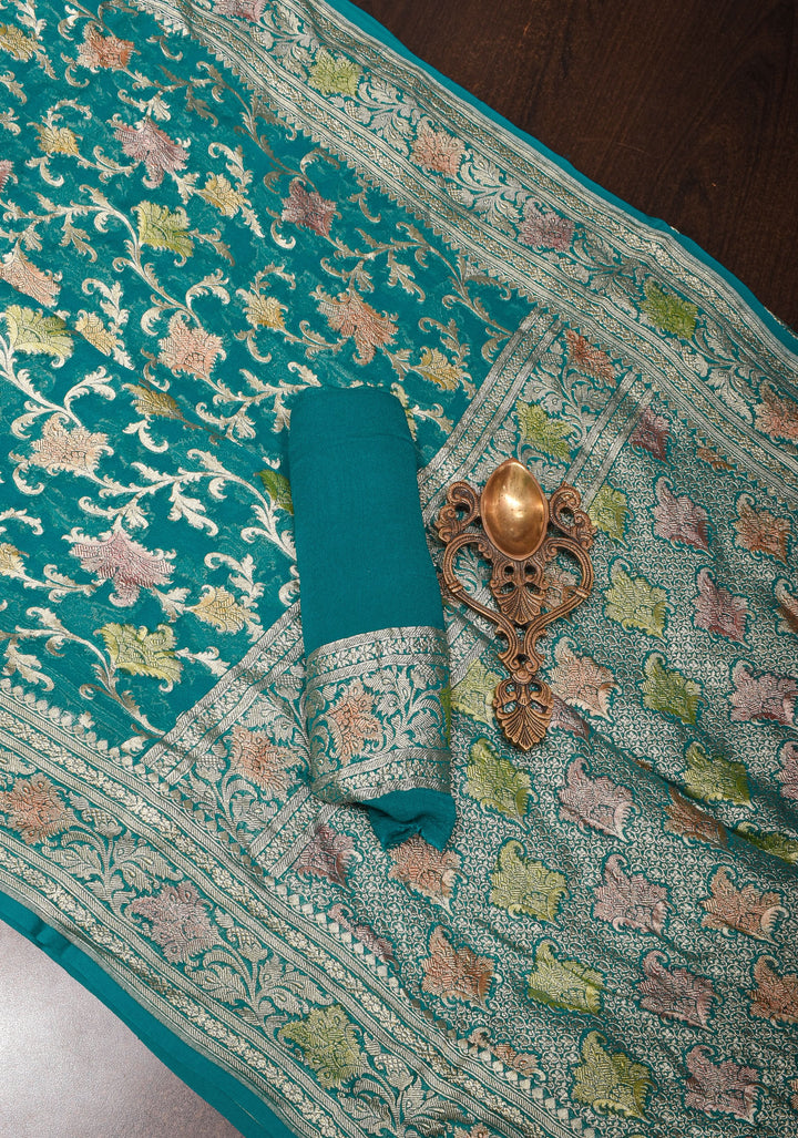 Hand Brush Dye Banarasi Georgette Saree in Teal with Floral Jaal and Zari Border | SILK MARK CERTIFIED