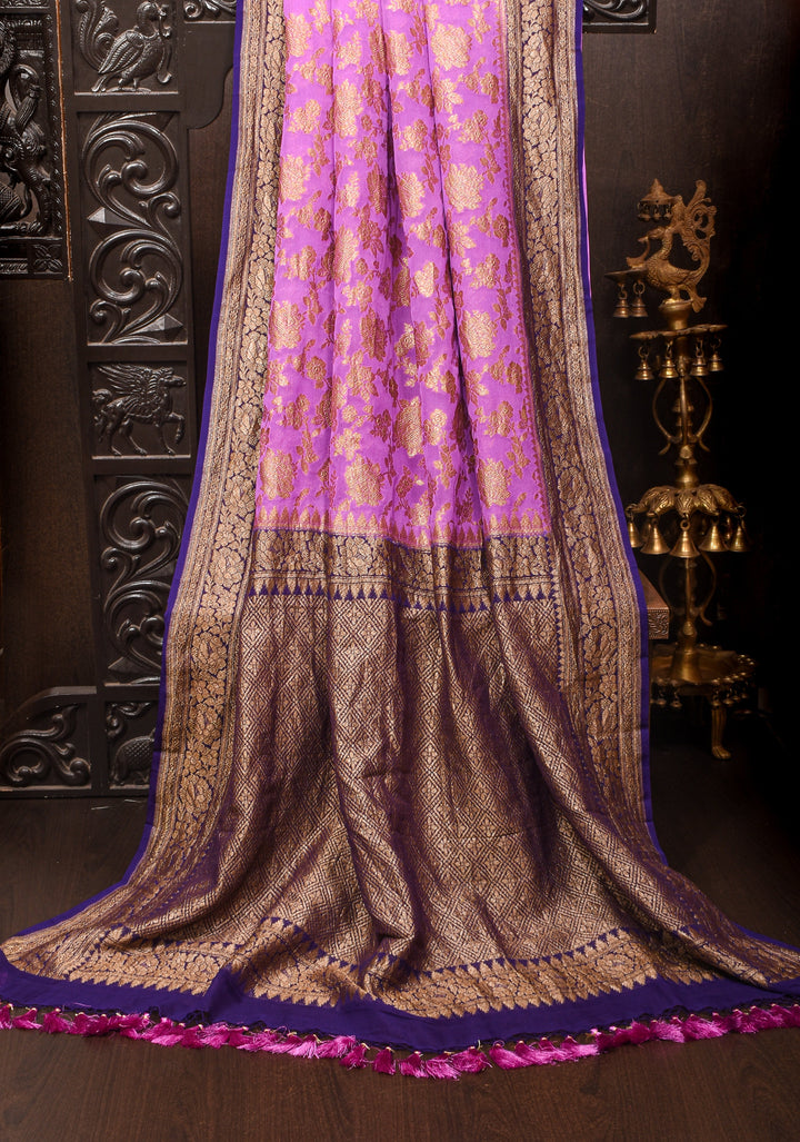Orchid Floral Jaal Banarasi Georgette Saree with antique tone zari | SILK MARK CERTIFIED