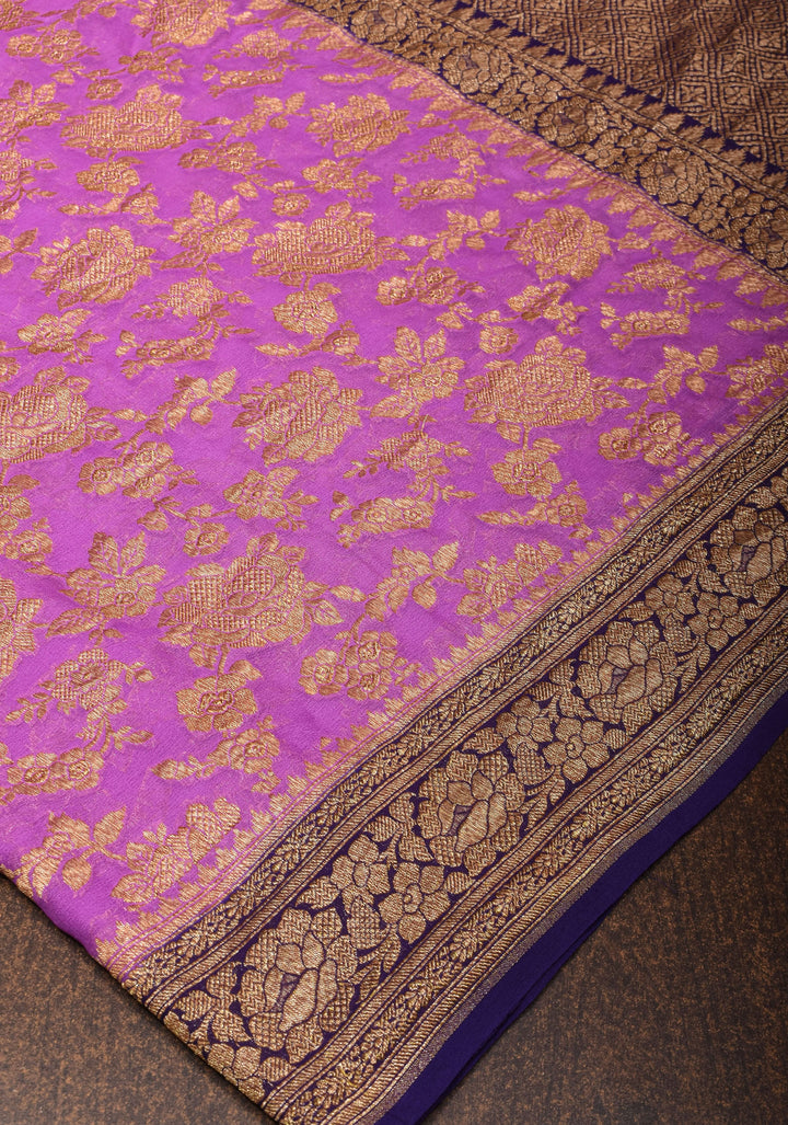 Orchid Floral Jaal Banarasi Georgette Saree with antique tone zari | SILK MARK CERTIFIED