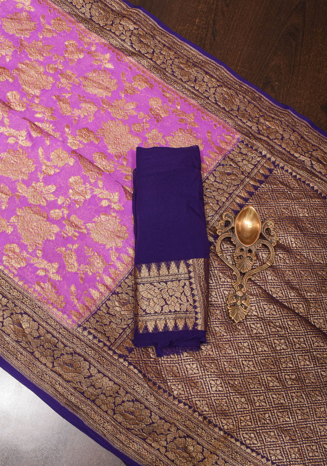 Orchid Floral Jaal Banarasi Georgette Saree with antique tone zari | SILK MARK CERTIFIED