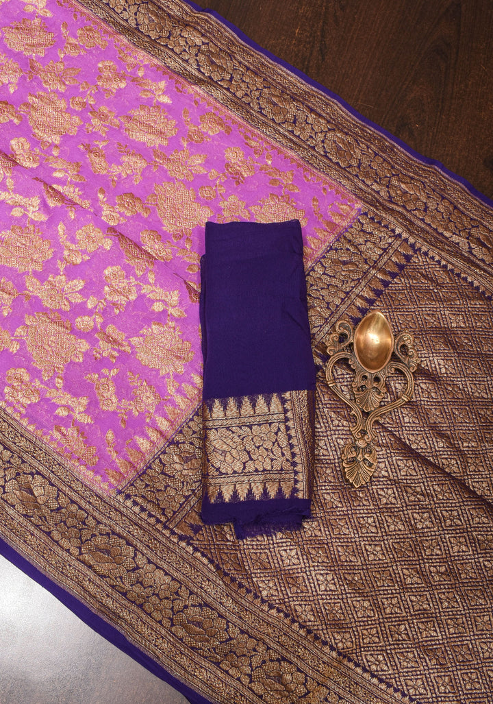 Orchid Floral Jaal Banarasi Georgette Saree with antique tone zari | SILK MARK CERTIFIED