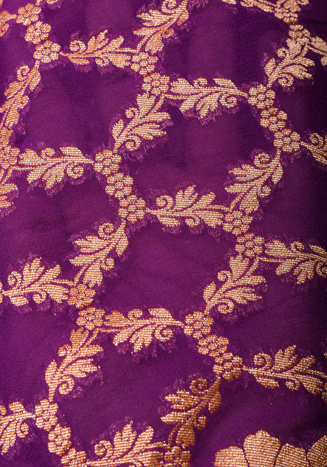 Banarasi Silk Georgette Saree in Purple with Jaal Zari and Peacock Meenakari Pallu| SILK MARK CERTIFIED