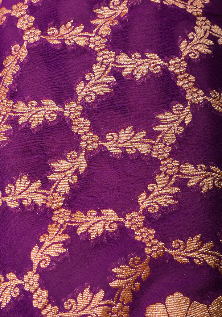 Banarasi Silk Georgette Saree in Purple with Jaal Zari and Peacock Meenakari Pallu| SILK MARK CERTIFIED