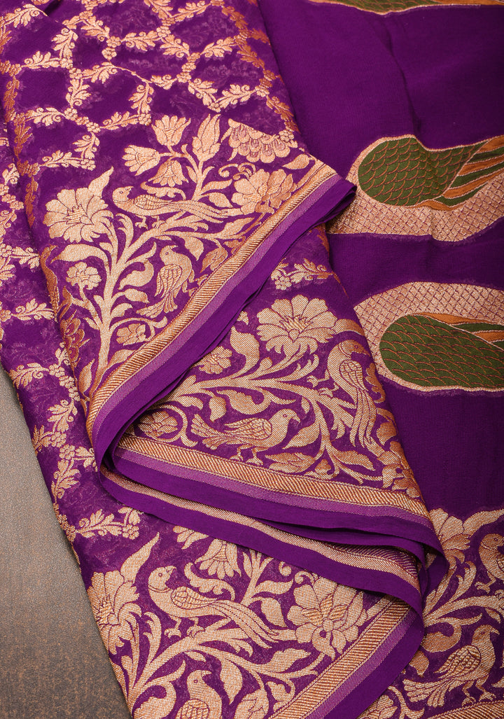 Banarasi Silk Georgette Saree in Purple with Jaal Zari and Peacock Meenakari Pallu| SILK MARK CERTIFIED