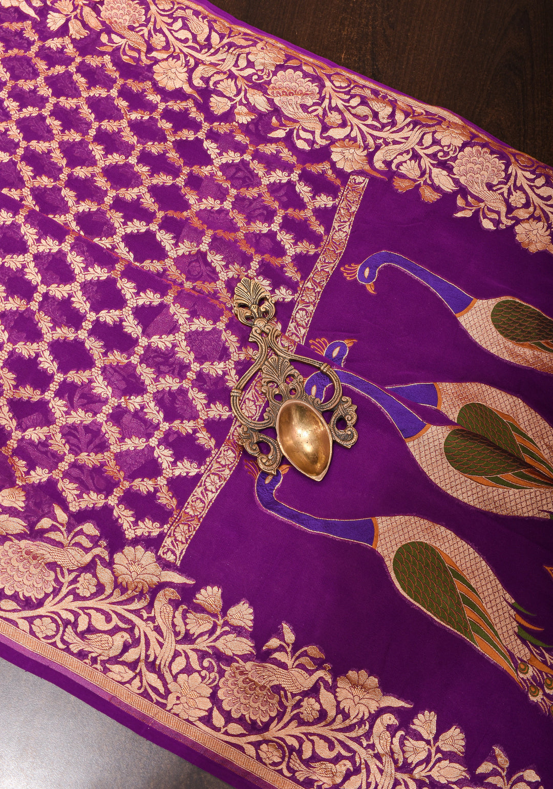 Banarasi Silk Georgette Saree in Purple with Jaal Zari and Peacock Meenakari Pallu| SILK MARK CERTIFIED