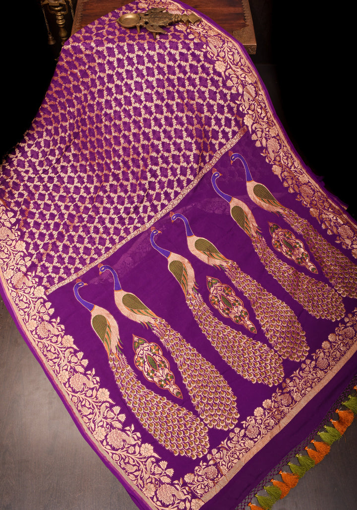 Banarasi Silk Georgette Saree in Purple with Jaal Zari and Peacock Meenakari Pallu| SILK MARK CERTIFIED