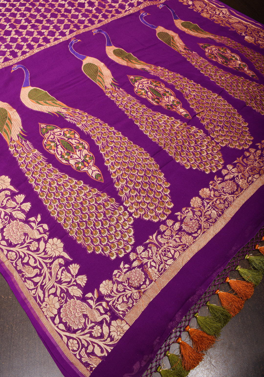 Banarasi Silk Georgette Saree in Purple with Jaal Zari and Peacock Meenakari Pallu| SILK MARK CERTIFIED