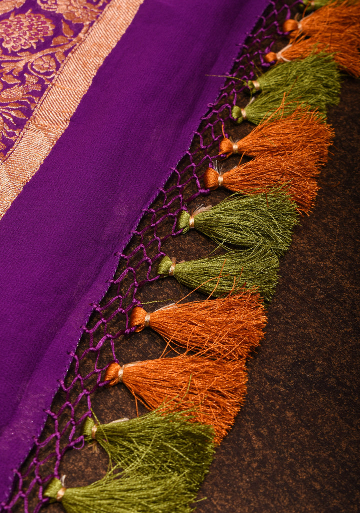 Banarasi Silk Georgette Saree in Purple with Jaal Zari and Peacock Meenakari Pallu| SILK MARK CERTIFIED
