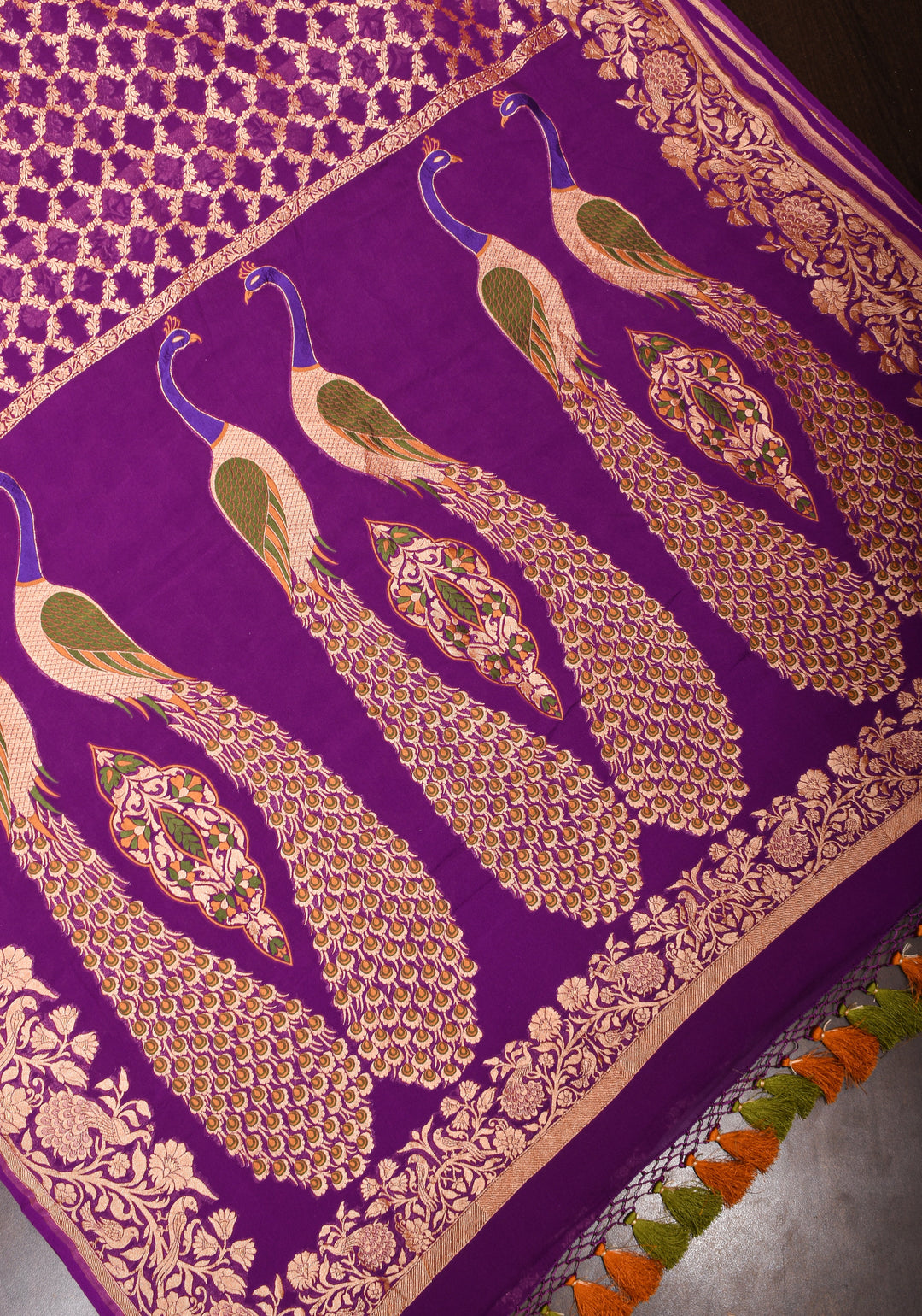Banarasi Silk Georgette Saree in Purple with Jaal Zari and Peacock Meenakari Pallu| SILK MARK CERTIFIED