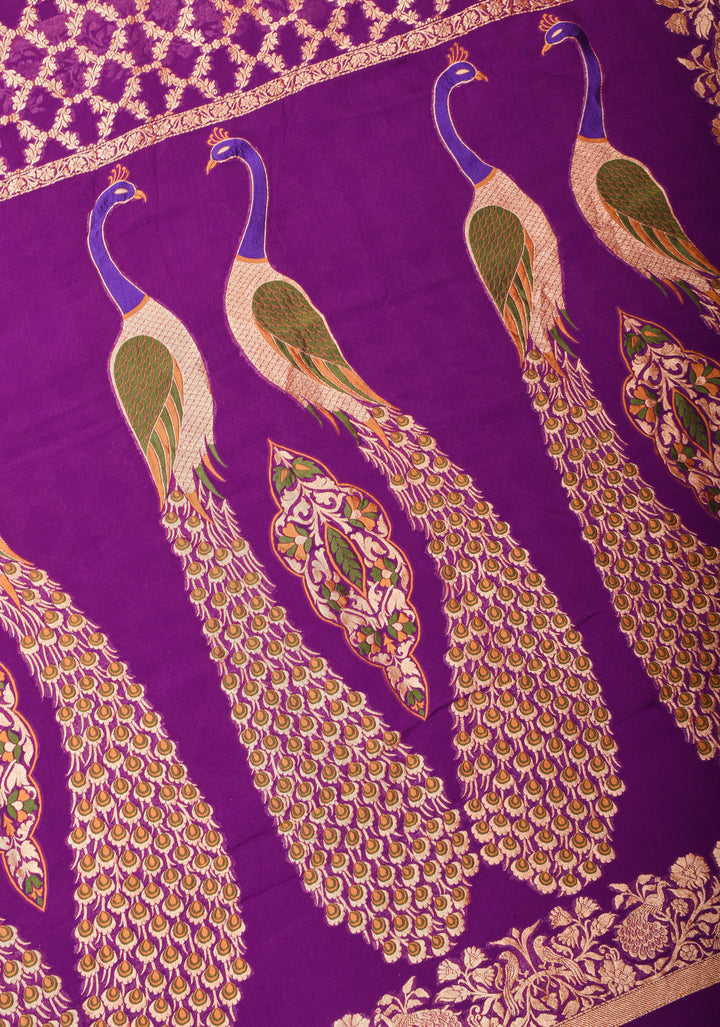 Banarasi Silk Georgette Saree in Purple with Jaal Zari and Peacock Meenakari Pallu| SILK MARK CERTIFIED