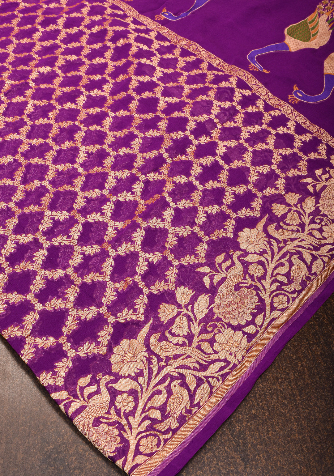 Banarasi Silk Georgette Saree in Purple with Jaal Zari and Peacock Meenakari Pallu| SILK MARK CERTIFIED