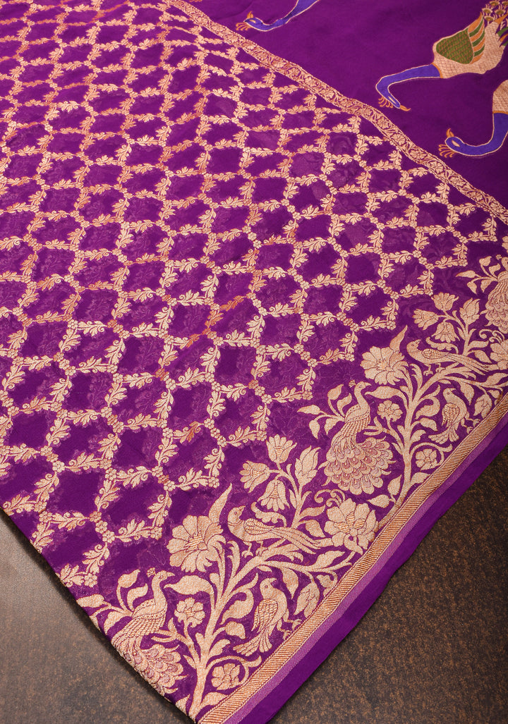 Banarasi Silk Georgette Saree in Purple with Jaal Zari and Peacock Meenakari Pallu| SILK MARK CERTIFIED
