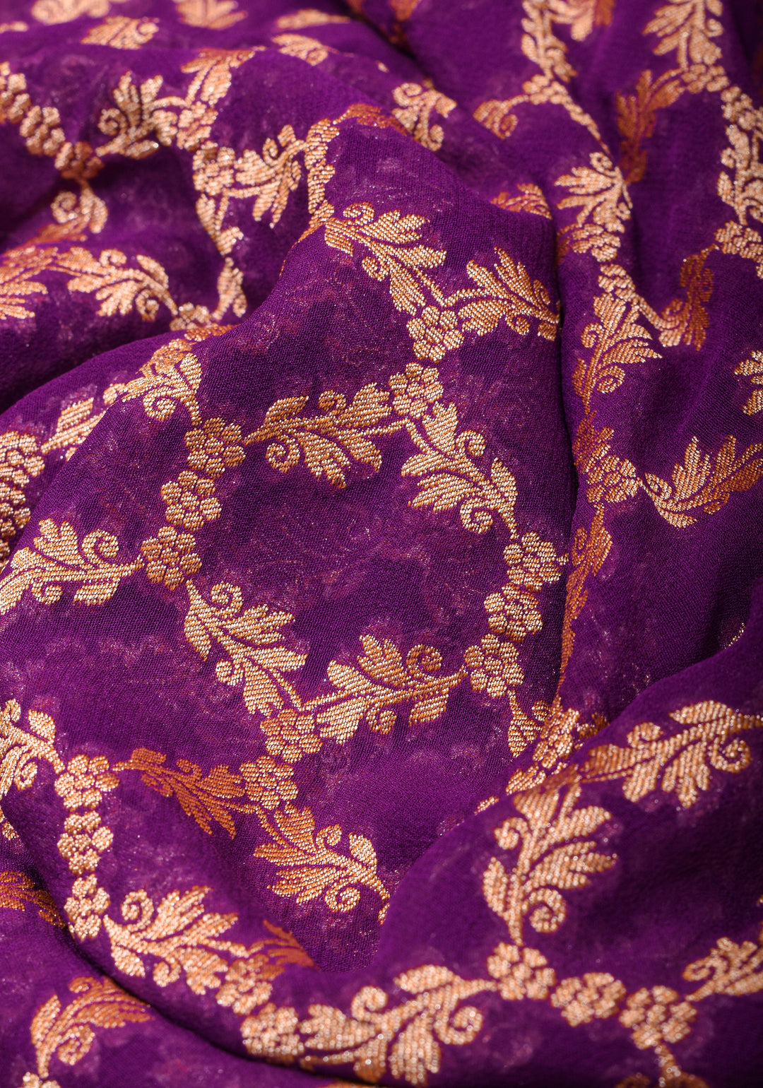 Banarasi Silk Georgette Saree in Purple with Jaal Zari and Peacock Meenakari Pallu| SILK MARK CERTIFIED