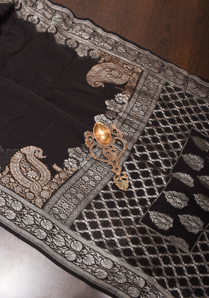 Sophisticated Black Banarasi Silk Chiffon Saree with Elegant Silver Zari Detailing