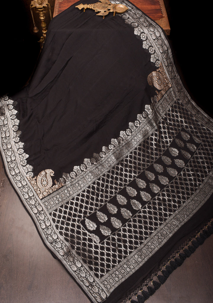 Sophisticated Black Banarasi Silk Chiffon Saree with Elegant Silver Zari Detailing