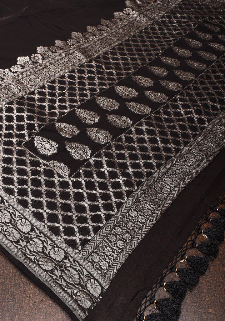 Sophisticated Black Banarasi Silk Chiffon Saree with Elegant Silver Zari Detailing
