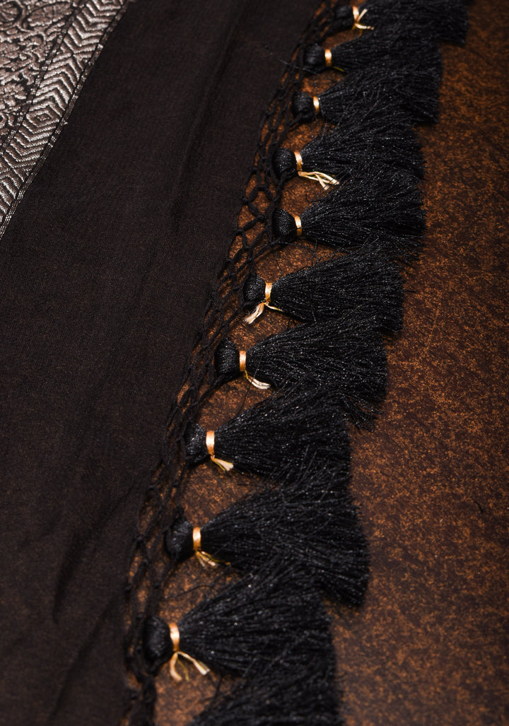 Sophisticated Black Banarasi Silk Chiffon Saree with Elegant Silver Zari Detailing