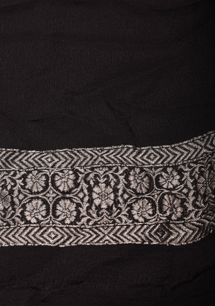 Sophisticated Black Banarasi Silk Chiffon Saree with Elegant Silver Zari Detailing