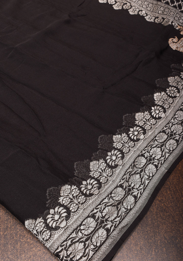Sophisticated Black Banarasi Silk Chiffon Saree with Elegant Silver Zari Detailing
