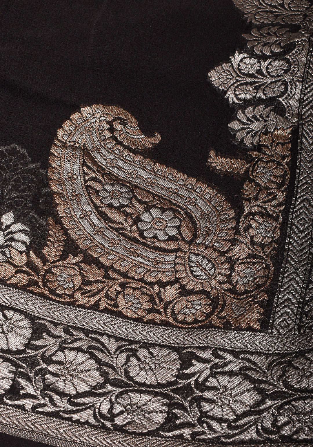 Sophisticated Black Banarasi Silk Chiffon Saree with Elegant Silver Zari Detailing