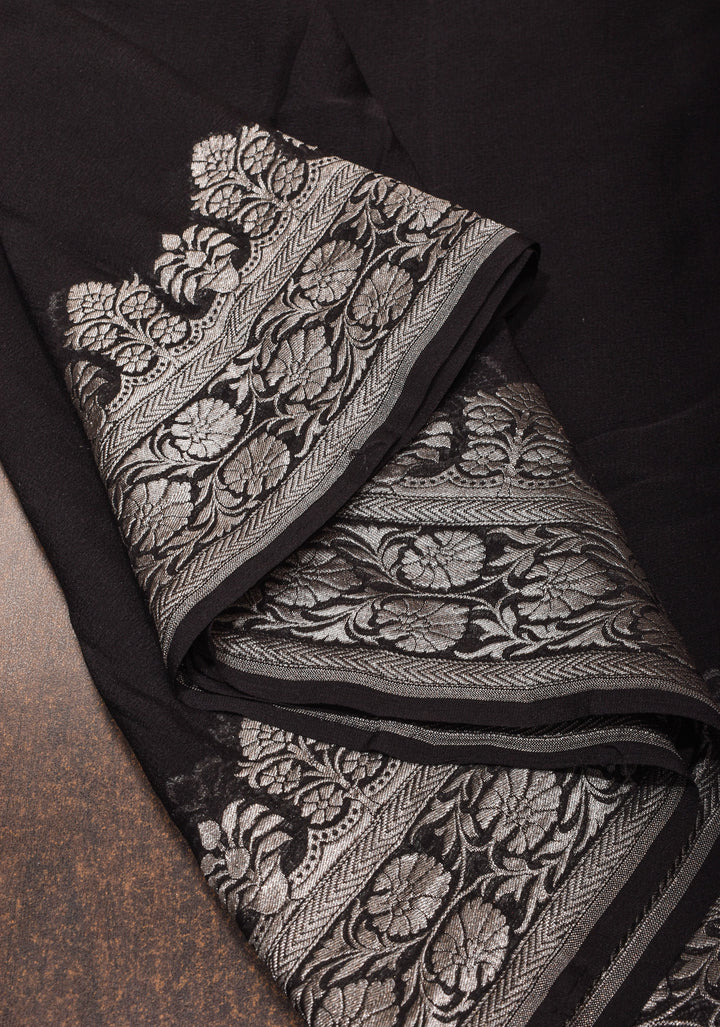 Sophisticated Black Banarasi Silk Chiffon Saree with Elegant Silver Zari Detailing