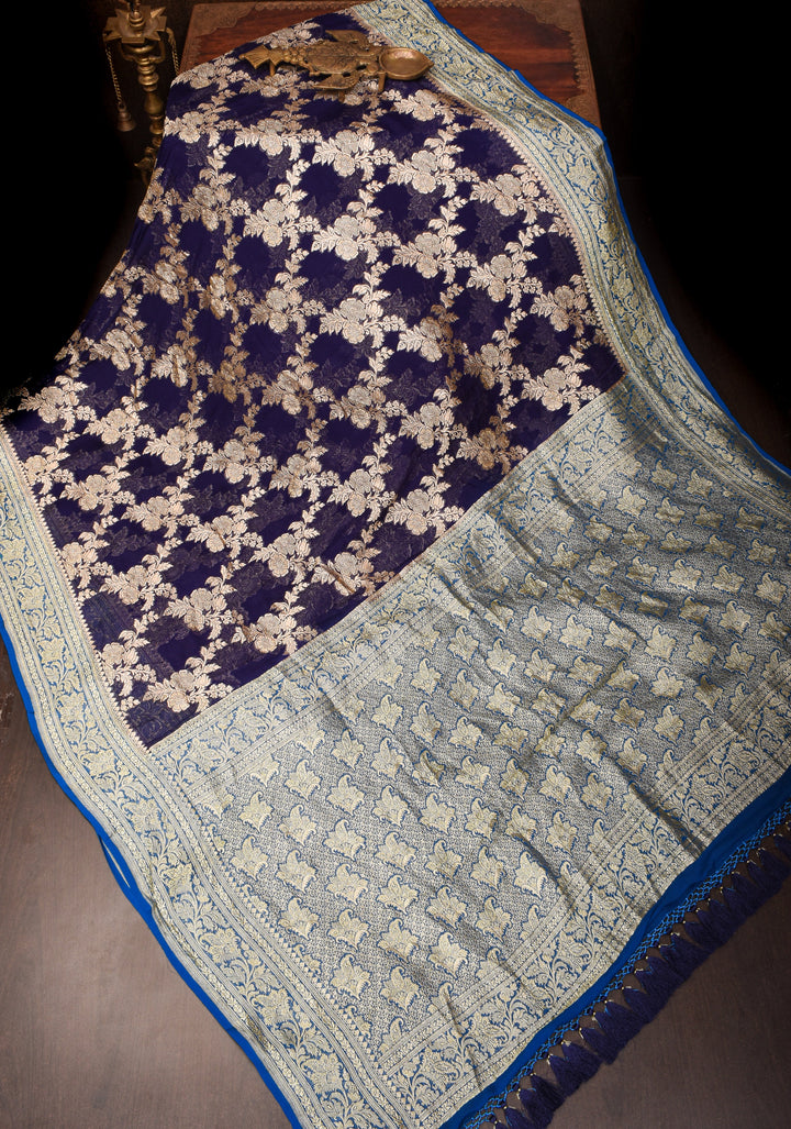 Authentic Banarasi Silk Georgette Saree in Blue Purple with Floral Jaal and Zari Border| SILK MARK CERTIFIED