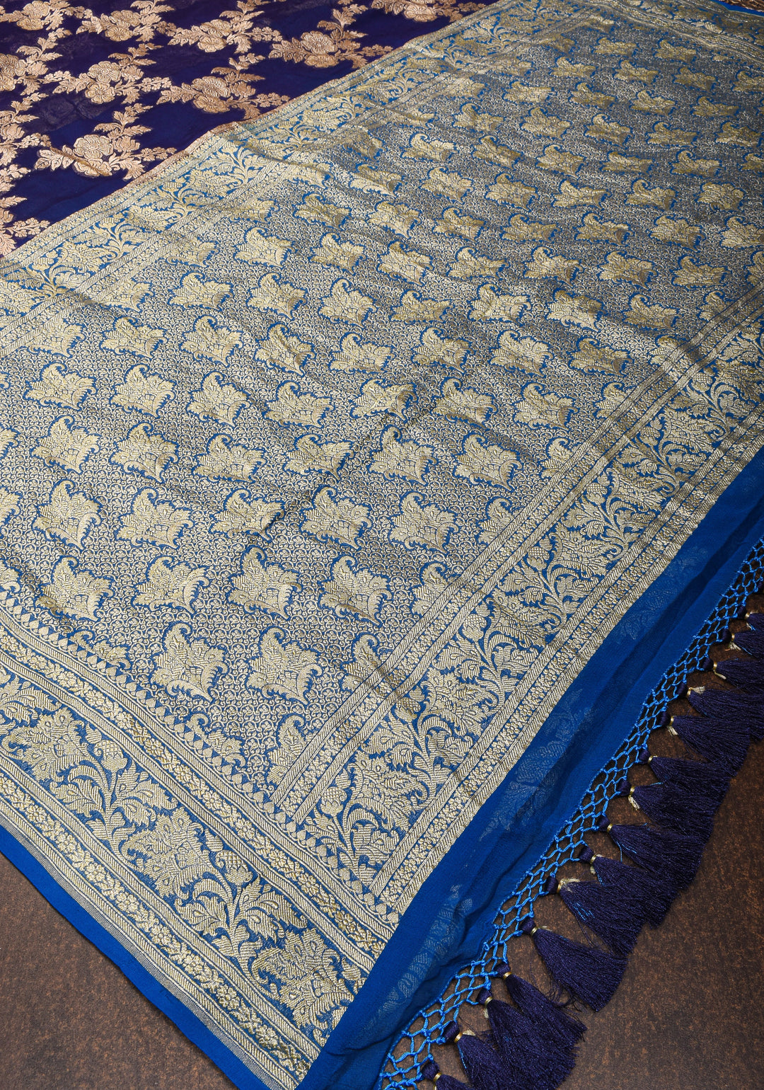 Authentic Banarasi Silk Georgette Saree in Blue Purple with Floral Jaal and Zari Border| SILK MARK CERTIFIED