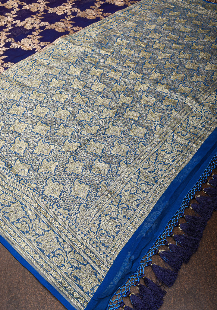 Authentic Banarasi Silk Georgette Saree in Blue Purple with Floral Jaal and Zari Border| SILK MARK CERTIFIED