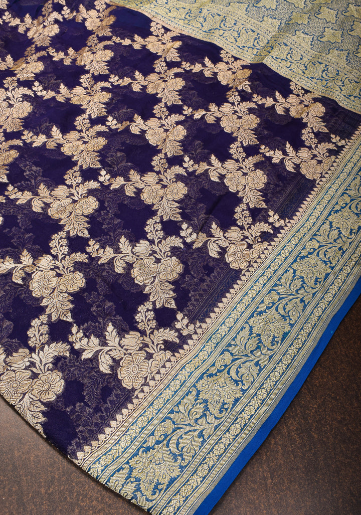 Authentic Banarasi Silk Georgette Saree in Blue Purple with Floral Jaal and Zari Border| SILK MARK CERTIFIED