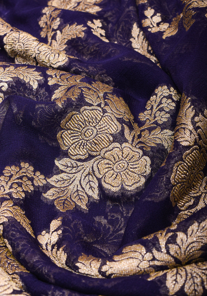 Authentic Banarasi Silk Georgette Saree in Blue Purple with Floral Jaal and Zari Border| SILK MARK CERTIFIED
