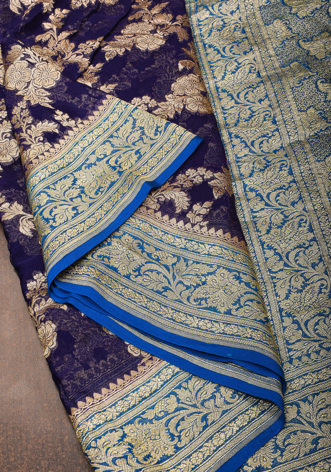 Authentic Banarasi Silk Georgette Saree in Blue Purple with Floral Jaal and Zari Border| SILK MARK CERTIFIED