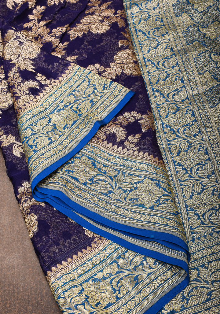 Authentic Banarasi Silk Georgette Saree in Blue Purple with Floral Jaal and Zari Border| SILK MARK CERTIFIED
