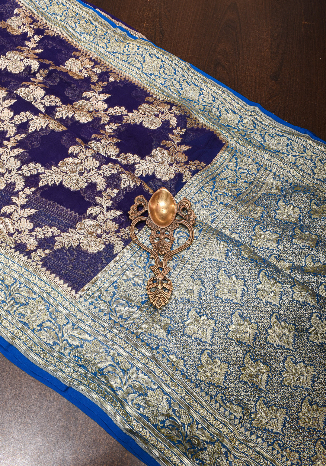 Authentic Banarasi Silk Georgette Saree in Blue Purple with Floral Jaal and Zari Border| SILK MARK CERTIFIED