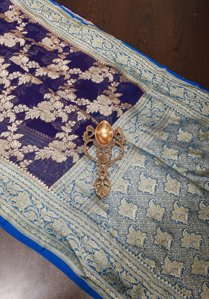 Authentic Banarasi Silk Georgette Saree in Blue Purple with Floral Jaal and Zari Border| SILK MARK CERTIFIED