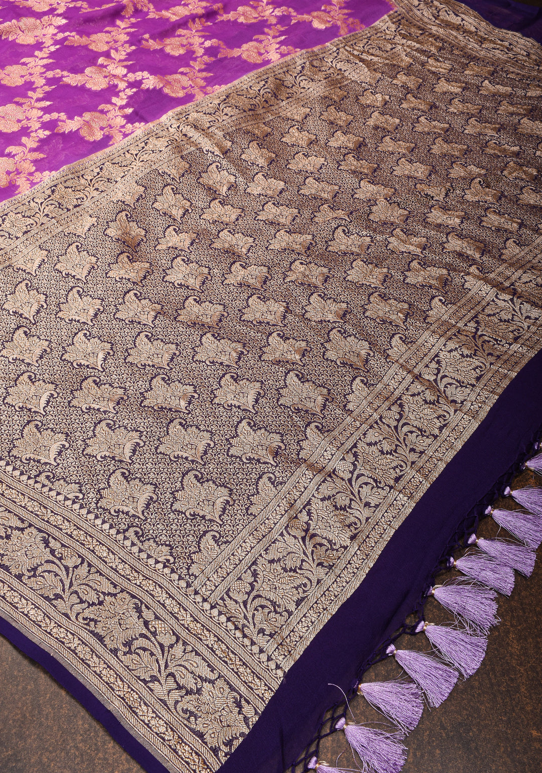 Purple Authentic Banarasi Silk Georgette Saree with Floral Jaal and Zari Border| SILK MARK CERTIFIED