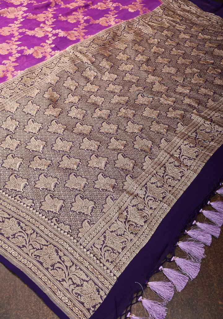 Purple Authentic Banarasi Silk Georgette Saree with Floral Jaal and Zari Border| SILK MARK CERTIFIED