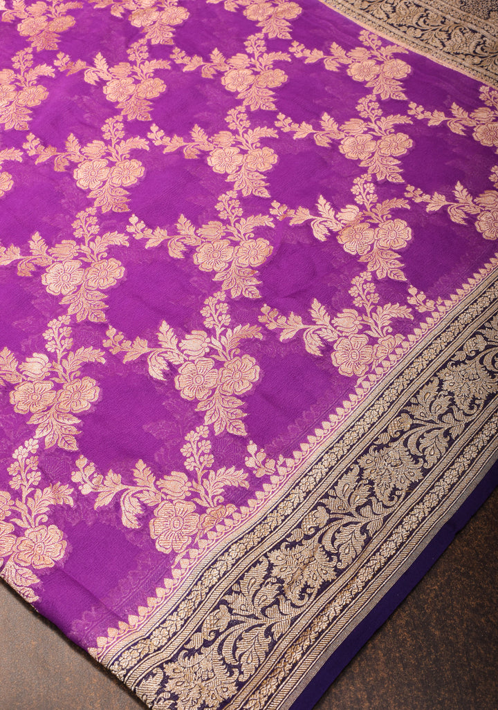 Purple Authentic Banarasi Silk Georgette Saree with Floral Jaal and Zari Border| SILK MARK CERTIFIED