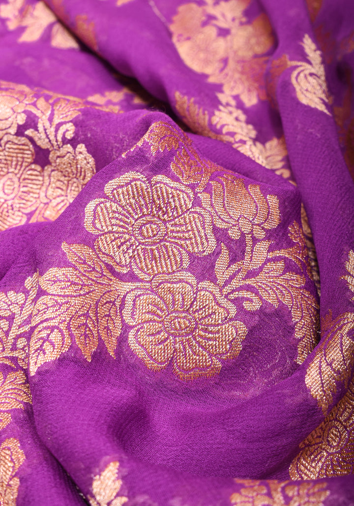 Purple Authentic Banarasi Silk Georgette Saree with Floral Jaal and Zari Border| SILK MARK CERTIFIED
