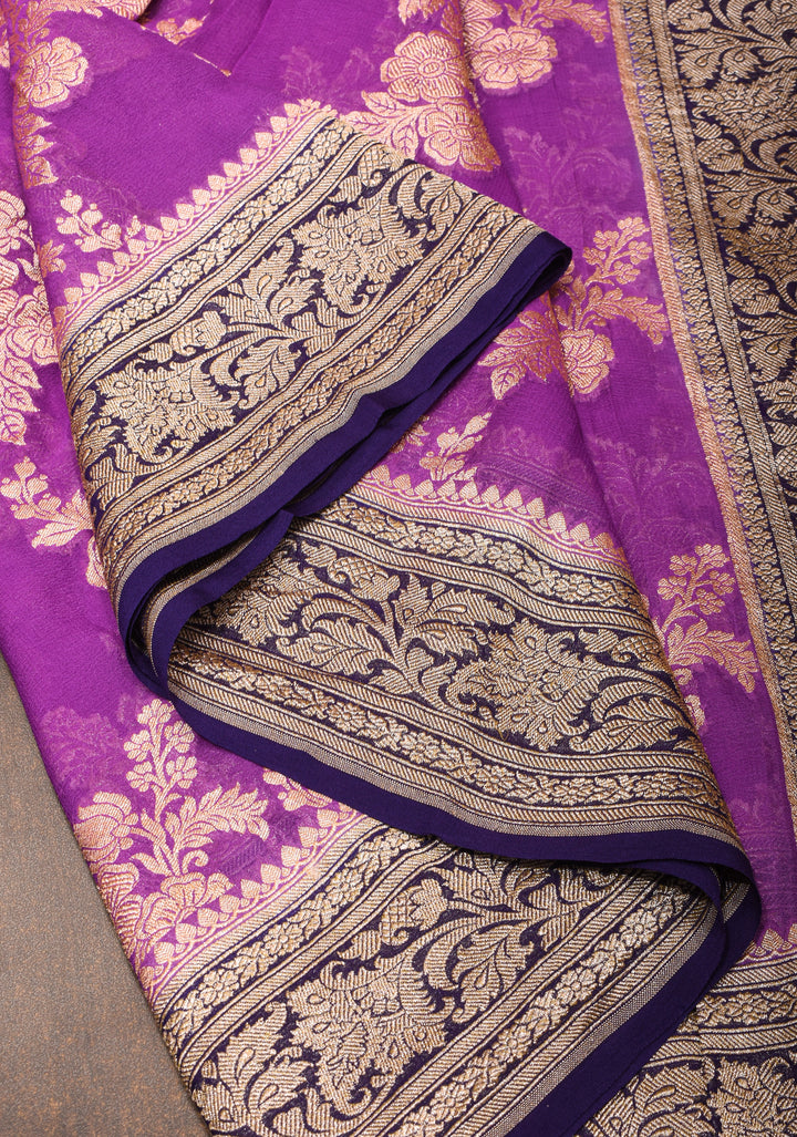 Purple Authentic Banarasi Silk Georgette Saree with Floral Jaal and Zari Border| SILK MARK CERTIFIED