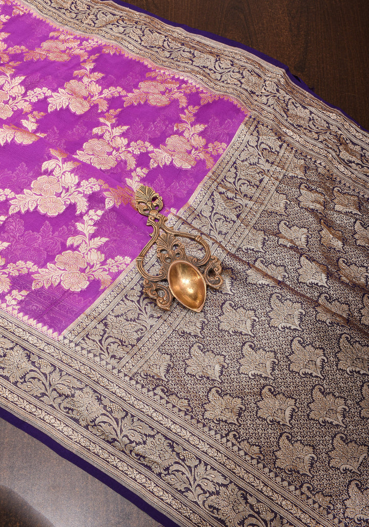 Purple Authentic Banarasi Silk Georgette Saree with Floral Jaal and Zari Border| SILK MARK CERTIFIED