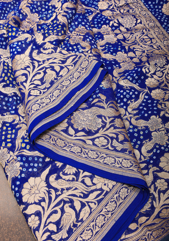 Authentic Hand Bandhej Silk Georgette Saree in Blue with Shikargah Jaal and zari Border| SILK MARK CERTIFIED