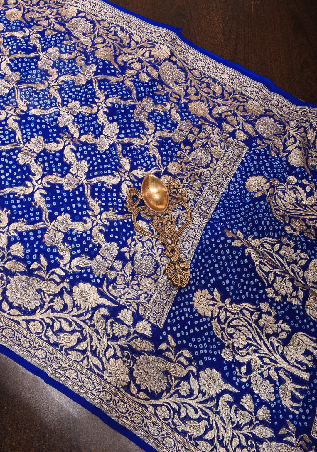 Authentic Hand Bandhej Silk Georgette Saree in Blue with Shikargah Jaal and zari Border| SILK MARK CERTIFIED