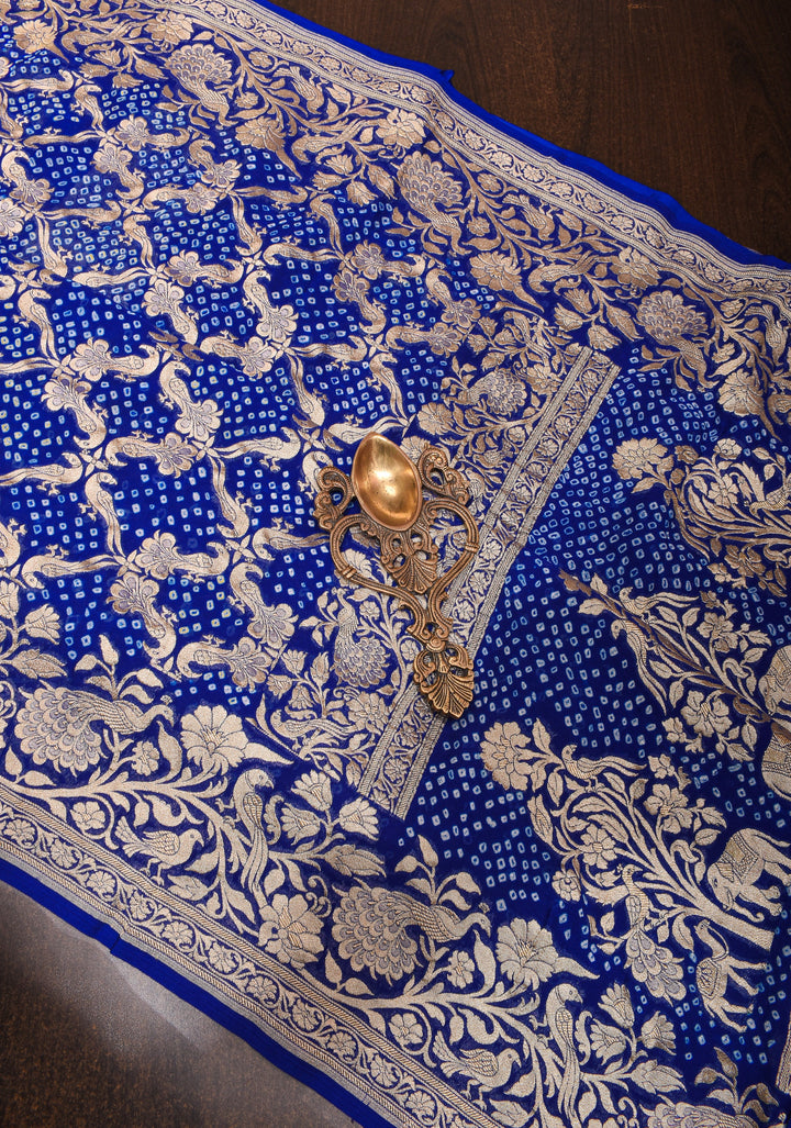 Authentic Hand Bandhej Silk Georgette Saree in Blue with Shikargah Jaal and zari Border| SILK MARK CERTIFIED