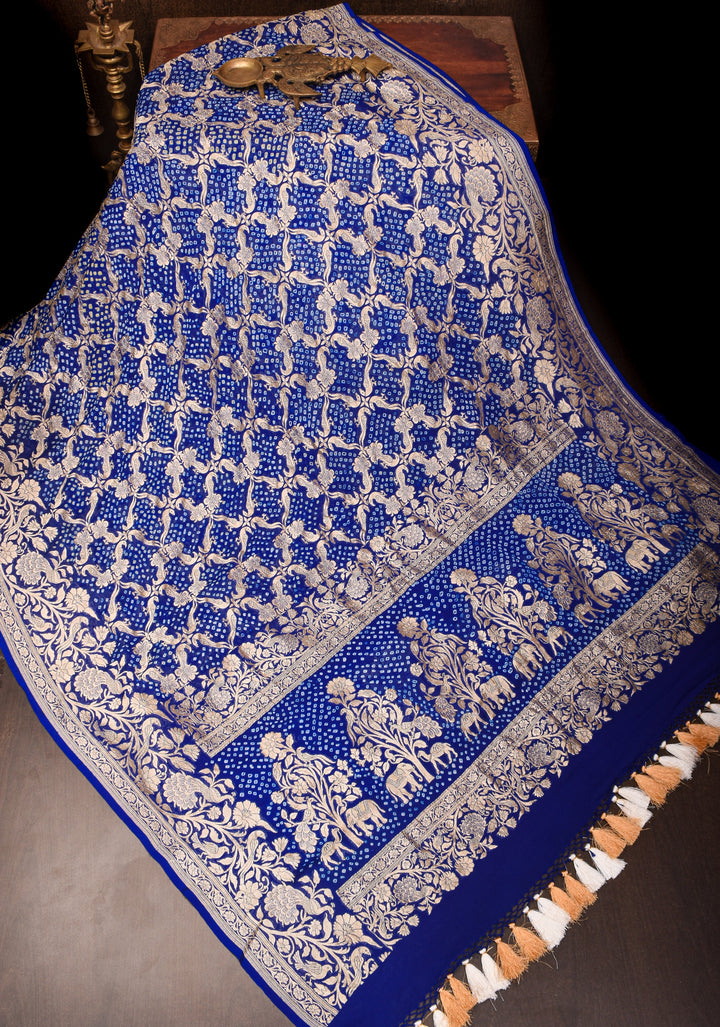 Authentic Hand Bandhej Silk Georgette Saree in Blue with Shikargah Jaal and zari Border| SILK MARK CERTIFIED